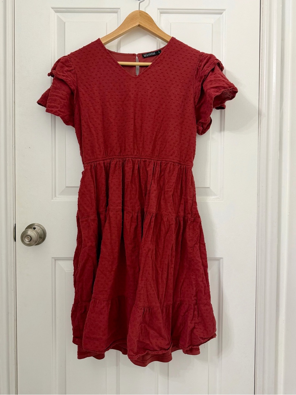 Red Textured Ruffle Sleeve Dress